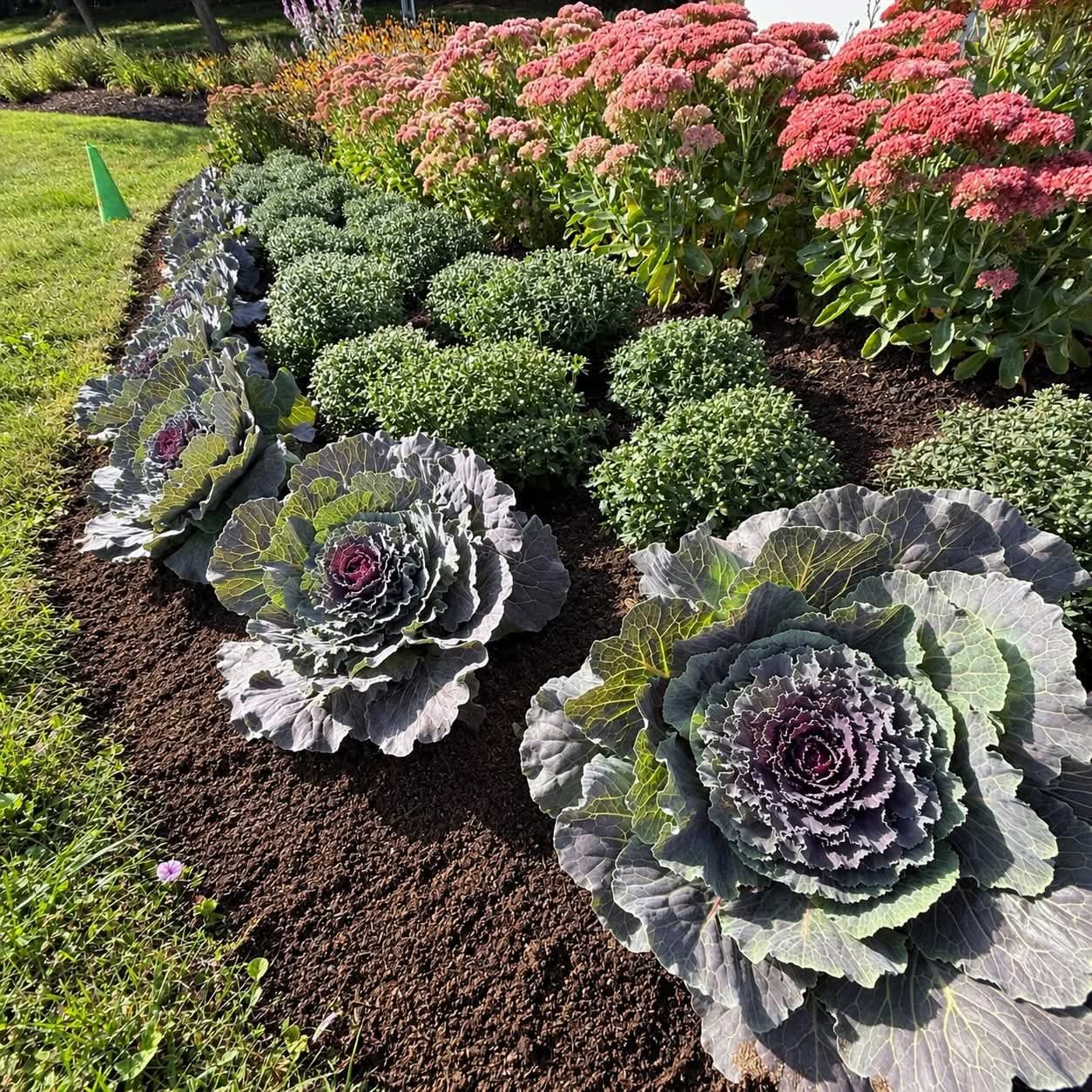 Fall bed of ornamental cabbage, mums and sedum in fresh mulch