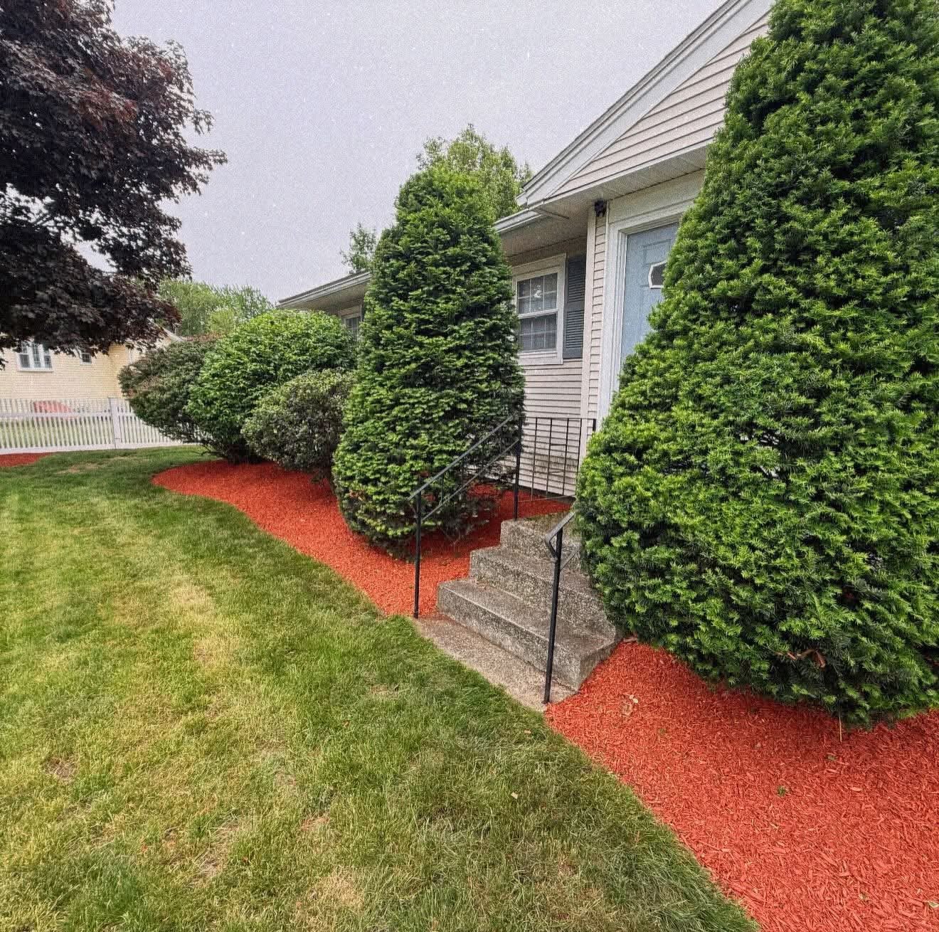 Fresh red mulch beds around shrubs along a house