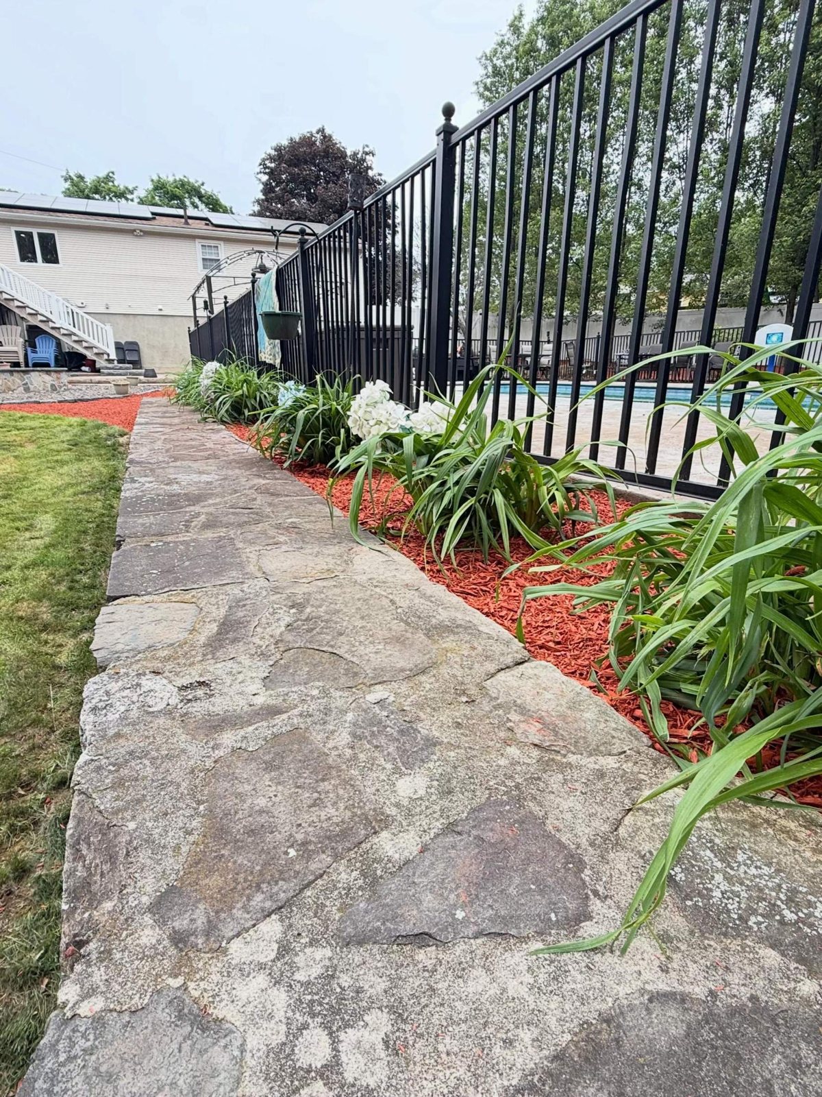 Flower bed with red mulch along a stone wall and black pool fence